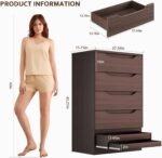 Brown Tall 5 Drawer Dresser for Bedroom with Hidden Storage Design, Large Modern Closet Dressers & Chests of Drawers with Cut-Out Handles, 27.6" L*15.8" W*45.3" H for Bedroom, Living Room, Nursery - Image 3