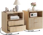 IRONCK Fluted Night Stand Set of 2, Modern Nightstand with Charging Station, Drawers and Open Shelves - Bedside Table Wood Side Table Set for Bedroom, Oak - Image 2