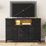 DUMOS TV Stand Dresser with 8 Fabric Drawers and Open Shelves, LED Entertainment Center with Charging Station, Wood Top Media Console for 45-55 inch, Bedroom, Woodgrain Black - Image 9