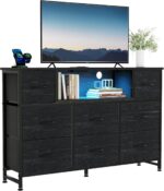 DUMOS TV Stand Dresser with 8 Fabric Drawers and Open Shelves, LED Entertainment Center with Charging Station, Wood Top Media Console for 45-55 inch, Bedroom, Woodgrain Black - Image 2