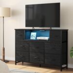 DUMOS TV Stand Dresser with 8 Fabric Drawers and Open Shelves, LED Entertainment Center with Charging Station, Wood Top Media Console for 45-55 inch, Bedroom, Woodgrain Black - Image 3