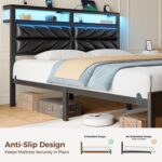 Seventable Twin Bed Frame with Charging Station & LED Lights, Upholstered Headboard with 2-Tier Storage Shelves, Metal Platform with Under Bed Storage, No Box Spring Needed, Easy Assembly, Black - Image 4