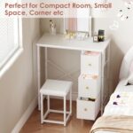 27.5" Small Vanity Desk with Mirror & Chair, Compact Makeup Vanity Set with Chair, Small Dressing Table with 3 Fabric Drawers for Bedroom, Make up Table with Stool for Girls, Kids, Teens, White - Image 10