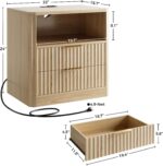 IRONCK Fluted Night Stand Set of 2, Modern Nightstand with Charging Station, Drawers and Open Shelves - Bedside Table Wood Side Table Set for Bedroom, Oak - Image 4