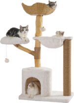 Moewrista Modern Cat Tree with Hammock 48.5 Inches Cat Tower with Scratching Post,Featuring Real Wood Post,Large Rattan Basket, Spacious Flower Perch and Condo for Indoor Cat Large Adults-Beige - Image 8