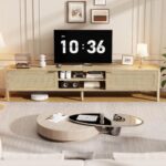IKALIFE Rattan TV Stand for Living Room - Fits up to 80 Inch TVs, Rattan Media Console Table with Adjustable Shelves & 2 Storage Cabinets, Mid-Century Modern Entertainment Center, Oak 71" - Image 7