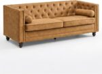 ONBRILL 79'' Faux Leather Couch for Living Room, Comfy Chesterfield Button-Tufted Sofa with 2 Bolster Pillows and Wood Legs, Mid-Century Modern Deep Seat Couch for Apartment, Office, Caramel - Image 8