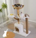 Moewrista Modern Cat Tree with Hammock 48.5 Inches Cat Tower with Scratching Post,Featuring Real Wood Post,Large Rattan Basket, Spacious Flower Perch and Condo for Indoor Cat Large Adults-Beige - Image 9
