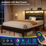 Seventable Twin Bed Frame with Charging Station & LED Lights, Upholstered Headboard with 2-Tier Storage Shelves, Metal Platform with Under Bed Storage, No Box Spring Needed, Easy Assembly, Black - Image 5