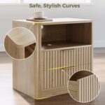 IRONCK Fluted Night Stand Set of 2, Modern Nightstand with Charging Station, Drawers and Open Shelves - Bedside Table Wood Side Table Set for Bedroom, Oak - Image 8