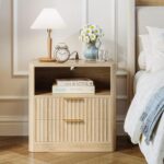 IRONCK Fluted Night Stand Set of 2, Modern Nightstand with Charging Station, Drawers and Open Shelves - Bedside Table Wood Side Table Set for Bedroom, Oak - Image 6