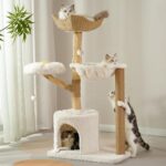 Moewrista Modern Cat Tree with Hammock 48.5 Inches Cat Tower with Scratching Post,Featuring Real Wood Post,Large Rattan Basket, Spacious Flower Perch and Condo for Indoor Cat Large Adults-Beige - Image 2