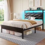 Seventable Twin Bed Frame with Charging Station & LED Lights, Upholstered Headboard with 2-Tier Storage Shelves, Metal Platform with Under Bed Storage, No Box Spring Needed, Easy Assembly, Black - Image 9