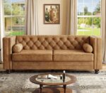 ONBRILL 79'' Faux Leather Couch for Living Room, Comfy Chesterfield Button-Tufted Sofa with 2 Bolster Pillows and Wood Legs, Mid-Century Modern Deep Seat Couch for Apartment, Office, Caramel - Image 4