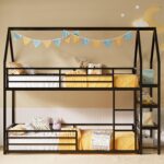 LIKIMIO Bunk Bed, Twin Bunk Beds with 3-Tier Storage Bookshelf, Bunk Bed Twin Over Twin, Metal House Bed Ladder and Safety Guardrail for Bedroom, Space Saving, No Box Spring Needed, Black - Image 9