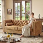 ONBRILL 79'' Faux Leather Couch for Living Room, Comfy Chesterfield Button-Tufted Sofa with 2 Bolster Pillows and Wood Legs, Mid-Century Modern Deep Seat Couch for Apartment, Office, Caramel - Image 5