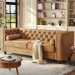 ONBRILL 79'' Faux Leather Couch for Living Room, Comfy Chesterfield Button-Tufted Sofa with 2 Bolster Pillows and Wood Legs, Mid-Century Modern Deep Seat Couch for Apartment, Office, Caramel - Image 2