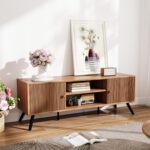 COMHOMA TV Stand for Living Room, Mid Century Modern Entertainment Center for 55/60/65 Inch TVs, Retro Brown TV Console with Fluted Door Cabinets and Open Adjustable Shelve Storage for Bedroom - Image 3