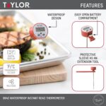 Taylor Waterproof Digital Instant Read Thermometer For Cooking, BBQ, Grilling, Baking, And Meat, Comes With Pocket Sleeve Clip, Red - Image 3