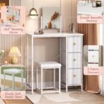 27.5" Small Vanity Desk with Mirror & Chair, Compact Makeup Vanity Set with Chair, Small Dressing Table with 3 Fabric Drawers for Bedroom, Make up Table with Stool for Girls, Kids, Teens, White - Image 4