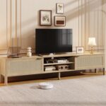 IKALIFE Rattan TV Stand for Living Room - Fits up to 80 Inch TVs, Rattan Media Console Table with Adjustable Shelves & 2 Storage Cabinets, Mid-Century Modern Entertainment Center, Oak 71" - Image 2