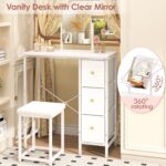 27.5" Small Vanity Desk with Mirror & Chair, Compact Makeup Vanity Set with Chair, Small Dressing Table with 3 Fabric Drawers for Bedroom, Make up Table with Stool for Girls, Kids, Teens, White - Image 6