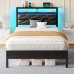 Seventable Twin Bed Frame with Charging Station & LED Lights, Upholstered Headboard with 2-Tier Storage Shelves, Metal Platform with Under Bed Storage, No Box Spring Needed, Easy Assembly, Black - Image 2