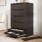 Brown Tall 5 Drawer Dresser for Bedroom with Hidden Storage Design, Large Modern Closet Dressers & Chests of Drawers with Cut-Out Handles, 27.6" L*15.8" W*45.3" H for Bedroom, Living Room, Nursery - Image 2