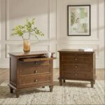 HULALA HOME Farmhouse 3 Drawer End Table with Tray, Drawer Organizer with Solid Wood Legs, End Table with Charging Station（Walnut, Set of 2） - Image 2