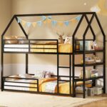 LIKIMIO Bunk Bed, Twin Bunk Beds with 3-Tier Storage Bookshelf, Bunk Bed Twin Over Twin, Metal House Bed Ladder and Safety Guardrail for Bedroom, Space Saving, No Box Spring Needed, Black - Image 2
