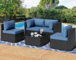 Shintenchi 5 Pieces Outdoor Patio Sectional Sofa Couch, PE Wicker Furniture Sets, Patio Conversation Sets with Washable Cushions Glass Coffee Table for Garden, Poolside, Backyard, Aegean Blue - Image 2