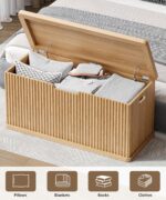 Akxomel 37.4" Fluted Storage Chest Wooden Storage Trunk 2 Safety Hinges Oak | Storage Chest with 2 Safety Hinges & Lift Top, Wooden Box Bench with Curved Profile, for Living Room, Entryway, Bedroom - Image 4