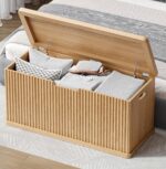 Akxomel 37.4" Fluted Storage Chest Wooden Storage Trunk 2 Safety Hinges Oak | Storage Chest with 2 Safety Hinges & Lift Top, Wooden Box Bench with Curved Profile, for Living Room, Entryway, Bedroom - Image 2